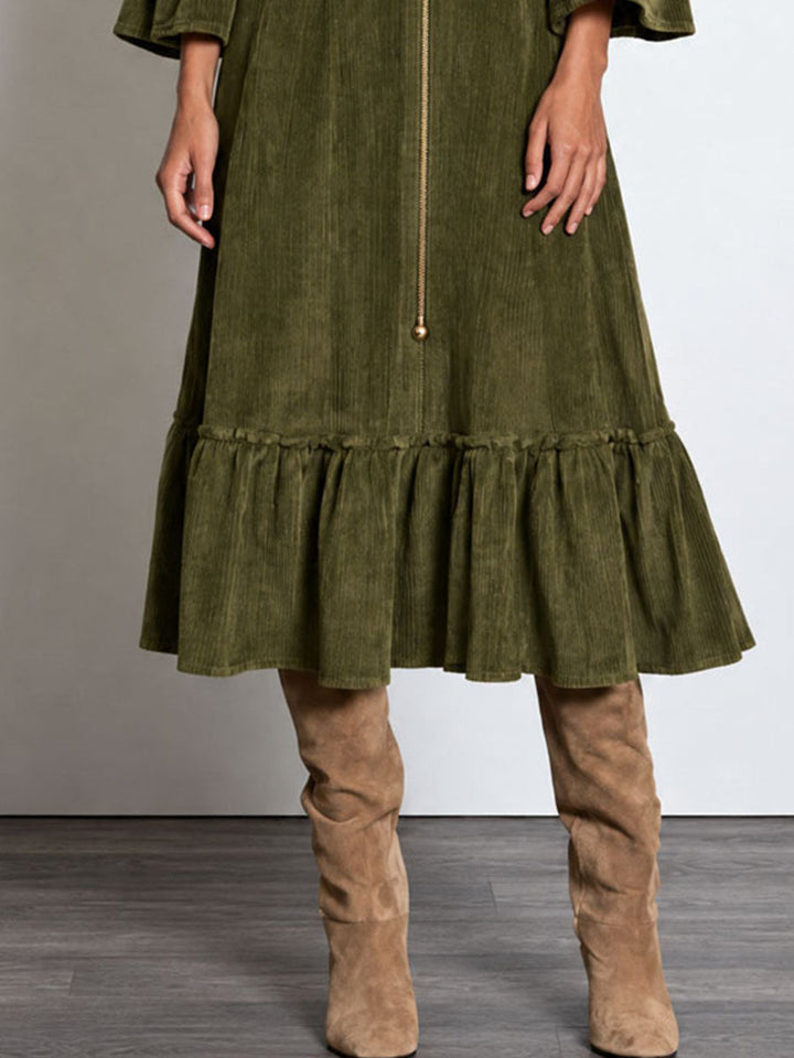 Retro Stand Collar Dress with Double Buttons and Cordura Zip