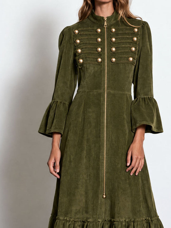 Retro Stand Collar Dress with Double Buttons and Cordura Zip