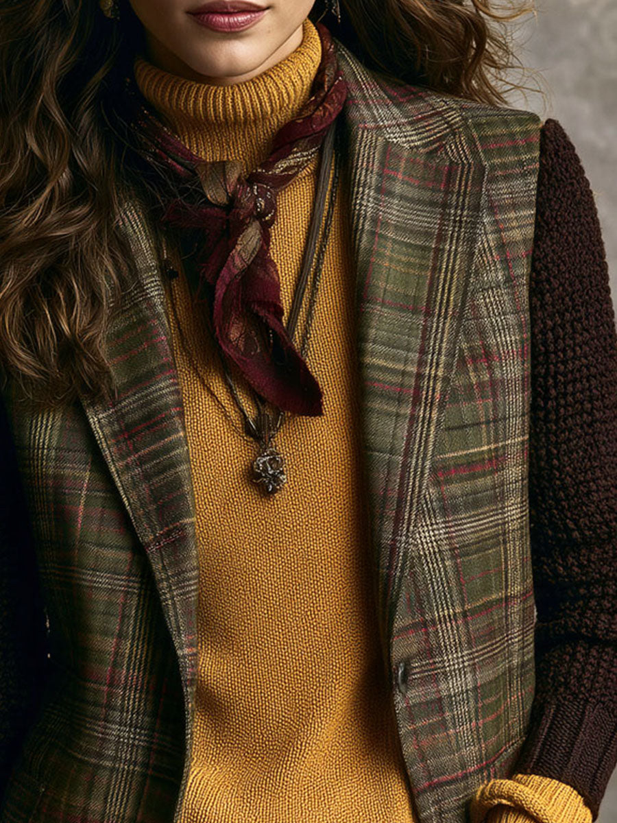Vintage-Inspired Tartan Tweed Blazer with Knitted Sleeves