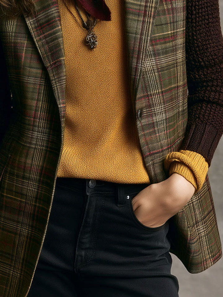 Vintage-Inspired Tartan Tweed Blazer with Knitted Sleeves