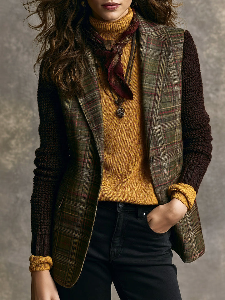 Vintage-Inspired Tartan Tweed Blazer with Knitted Sleeves