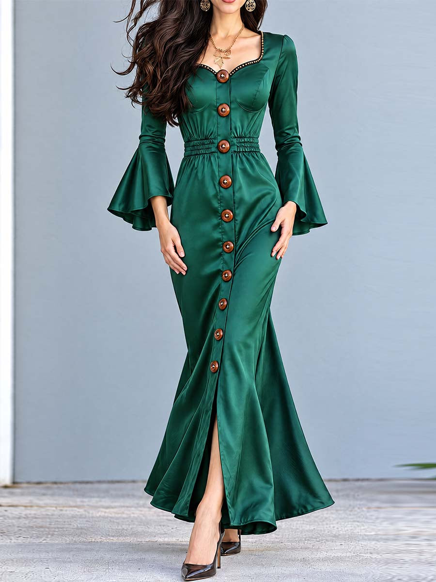 Emerald Nomad Maxi Dress with Button Details