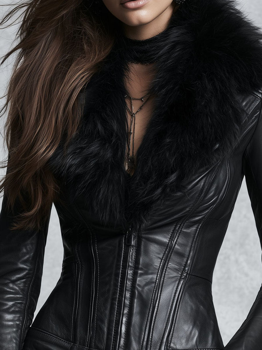 Retro Black PU Leather Biker Jacket with Fur Collar