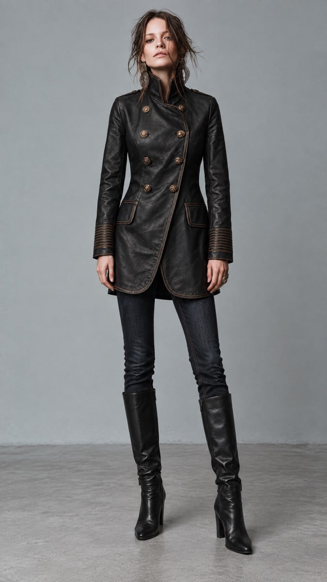Women's Double-Breasted Military-Inspired Leather Jacket with Contrast Stitching