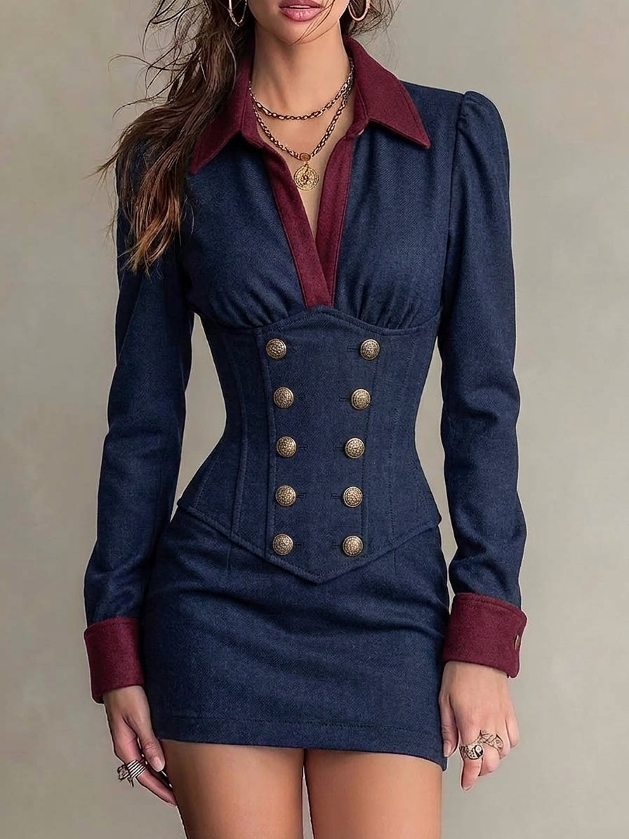 Military-Inspired Mini Bodycon Dress with Double Button Detail and Contrast Collar