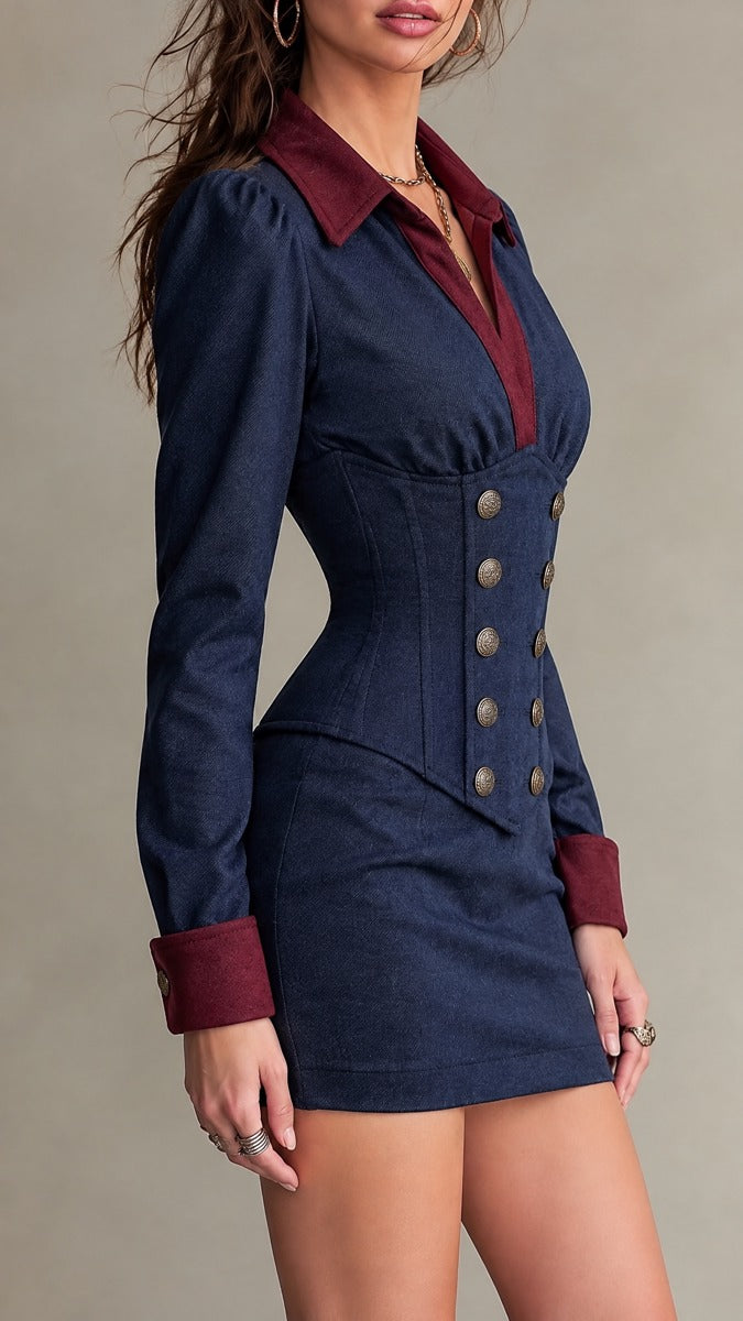 Military-Inspired Mini Bodycon Dress with Double Button Detail and Contrast Collar