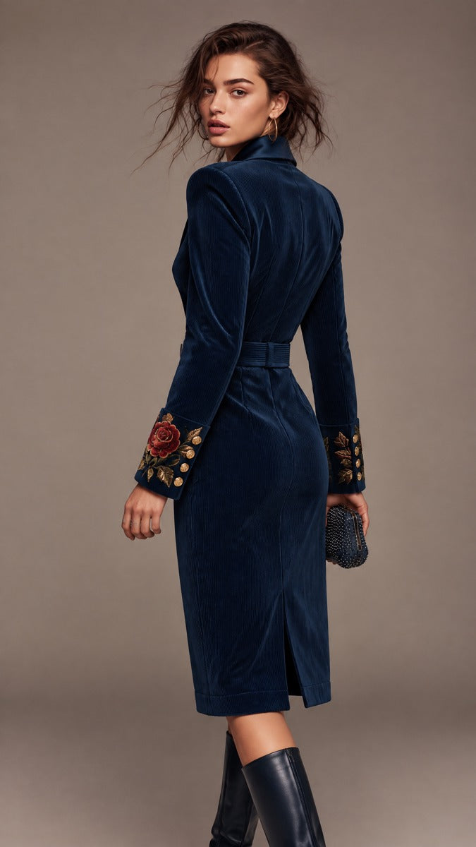 Embroidered Sleeve Double-Breasted Cordura Blazer Dress with Belt