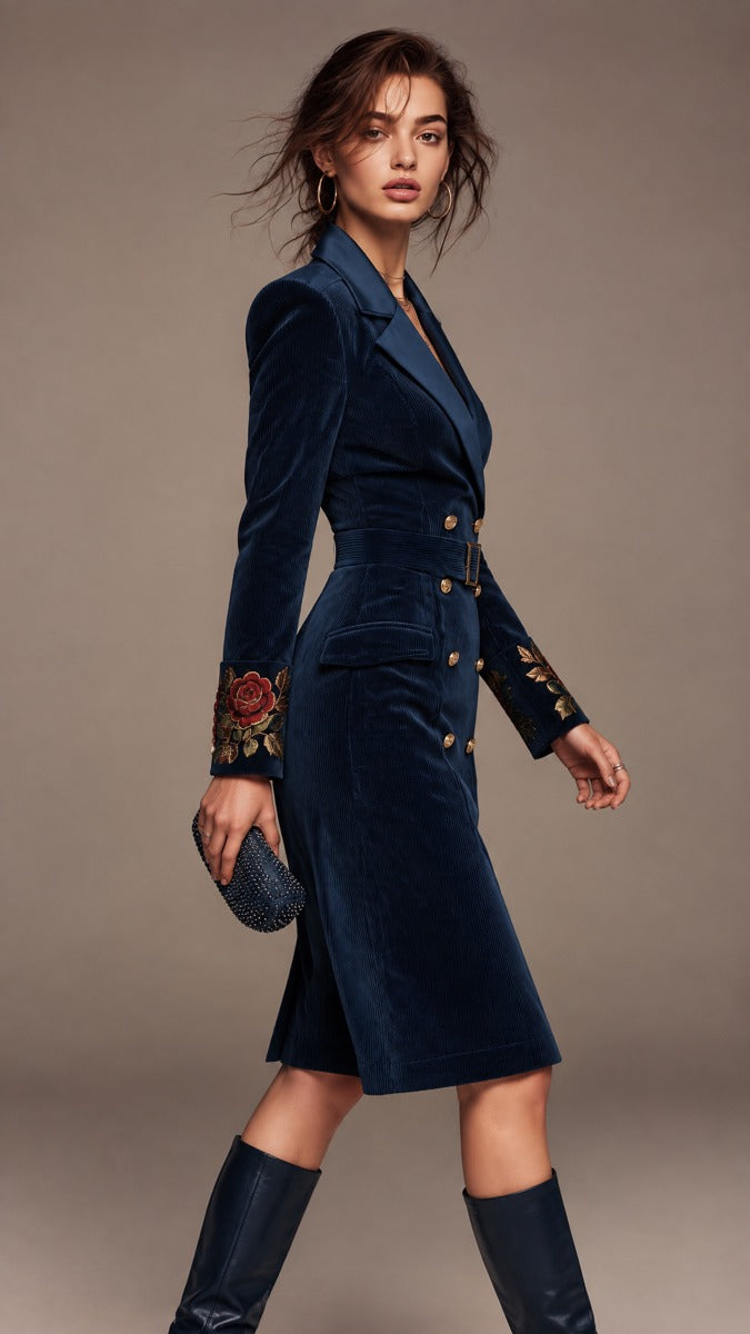 Embroidered Sleeve Double-Breasted Cordura Blazer Dress with Belt