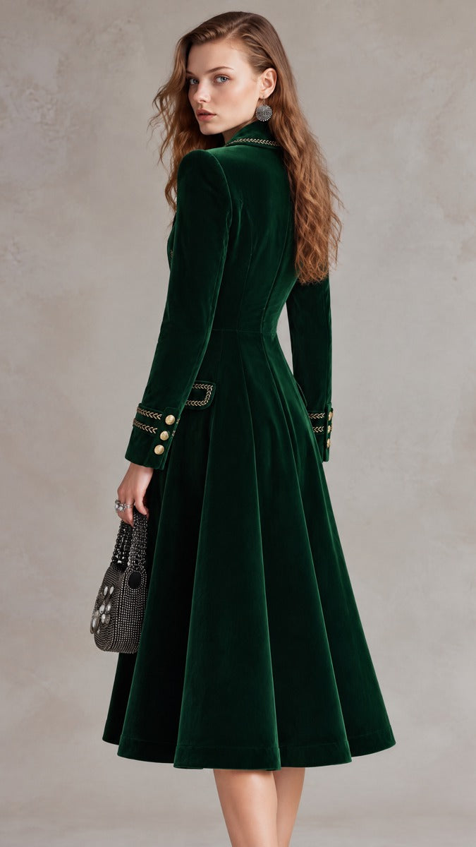 Emerald Reversible Satin Coat Dress with Gold Braided Accents