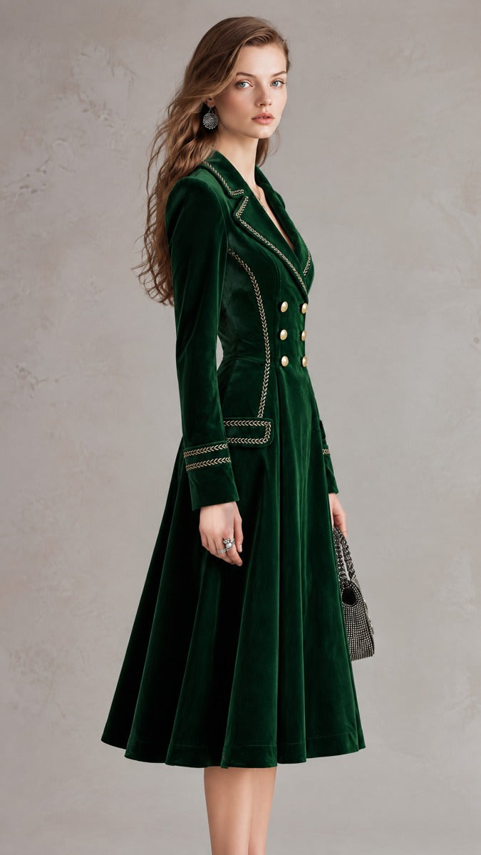Emerald Reversible Satin Coat Dress with Gold Braided Accents
