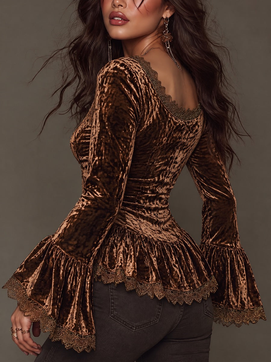Retro Satin Velvet Blouse with Lace Accents and Bell Sleeves