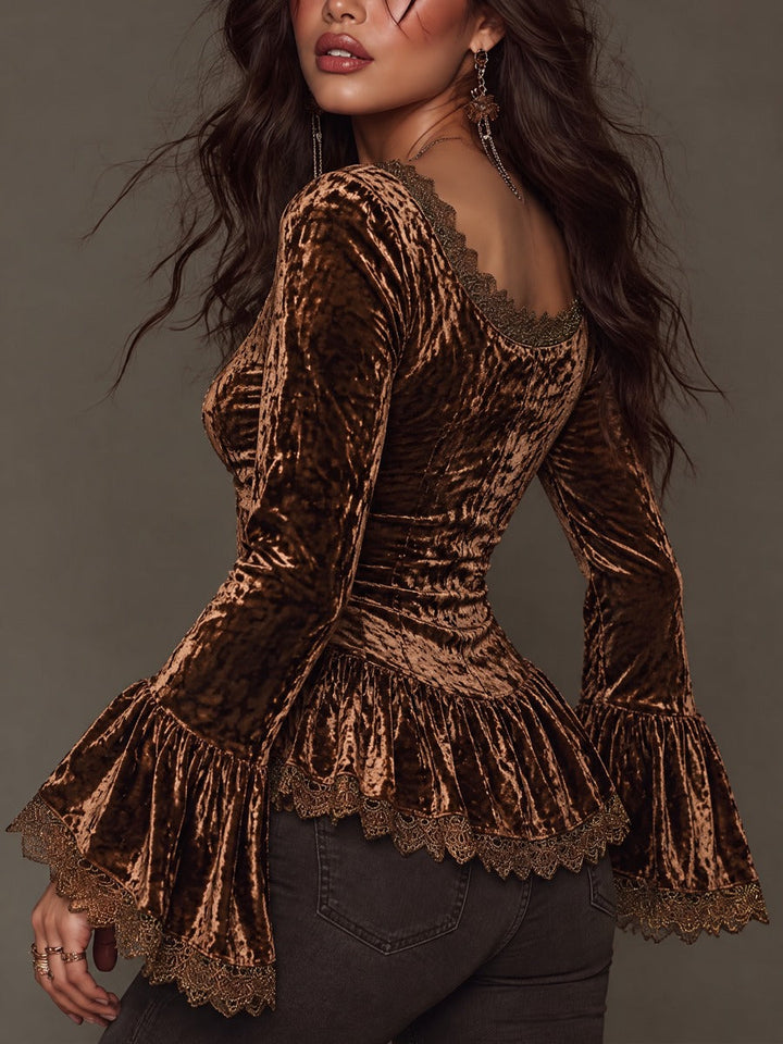 Retro Satin Velvet Blouse with Lace Accents and Bell Sleeves