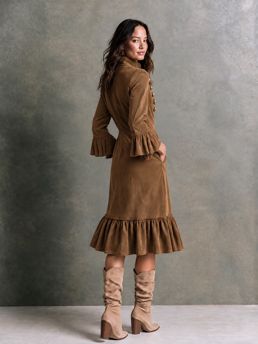 Suede Military-Style Midi Dress for Women with Gold Buttons and Decorative Stitching