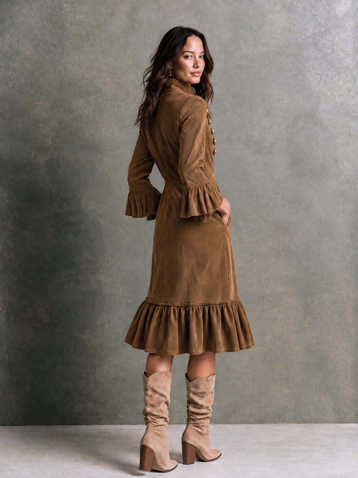 Suede Military-Style Midi Dress for Women with Gold Buttons and Decorative Stitching