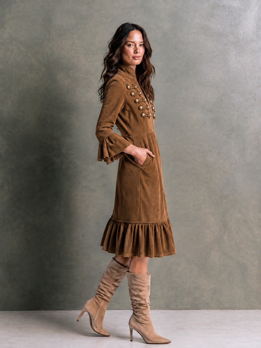 Suede Military-Style Midi Dress for Women with Gold Buttons and Decorative Stitching
