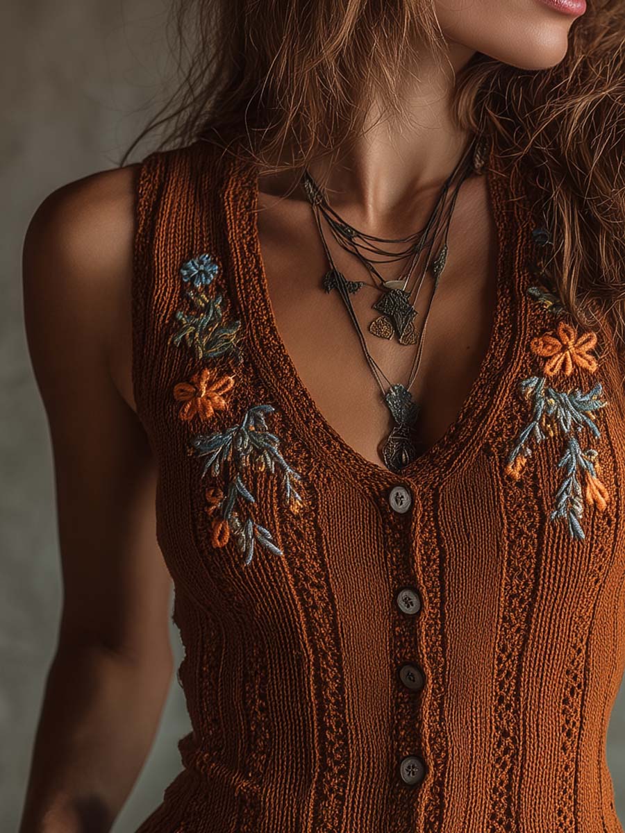 Vintage-Style Embroidered Knit Vest