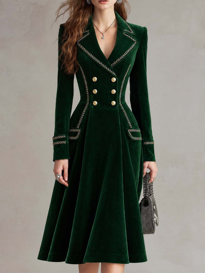 Emerald Reversible Satin Coat Dress with Gold Braided Accents