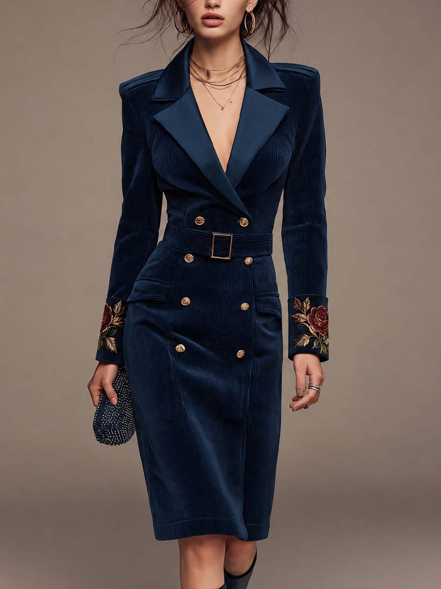 Embroidered Sleeve Double-Breasted Cordura Blazer Dress with Belt