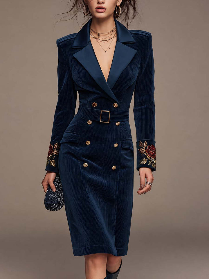 Embroidered Sleeve Double-Breasted Cordura Blazer Dress with Belt