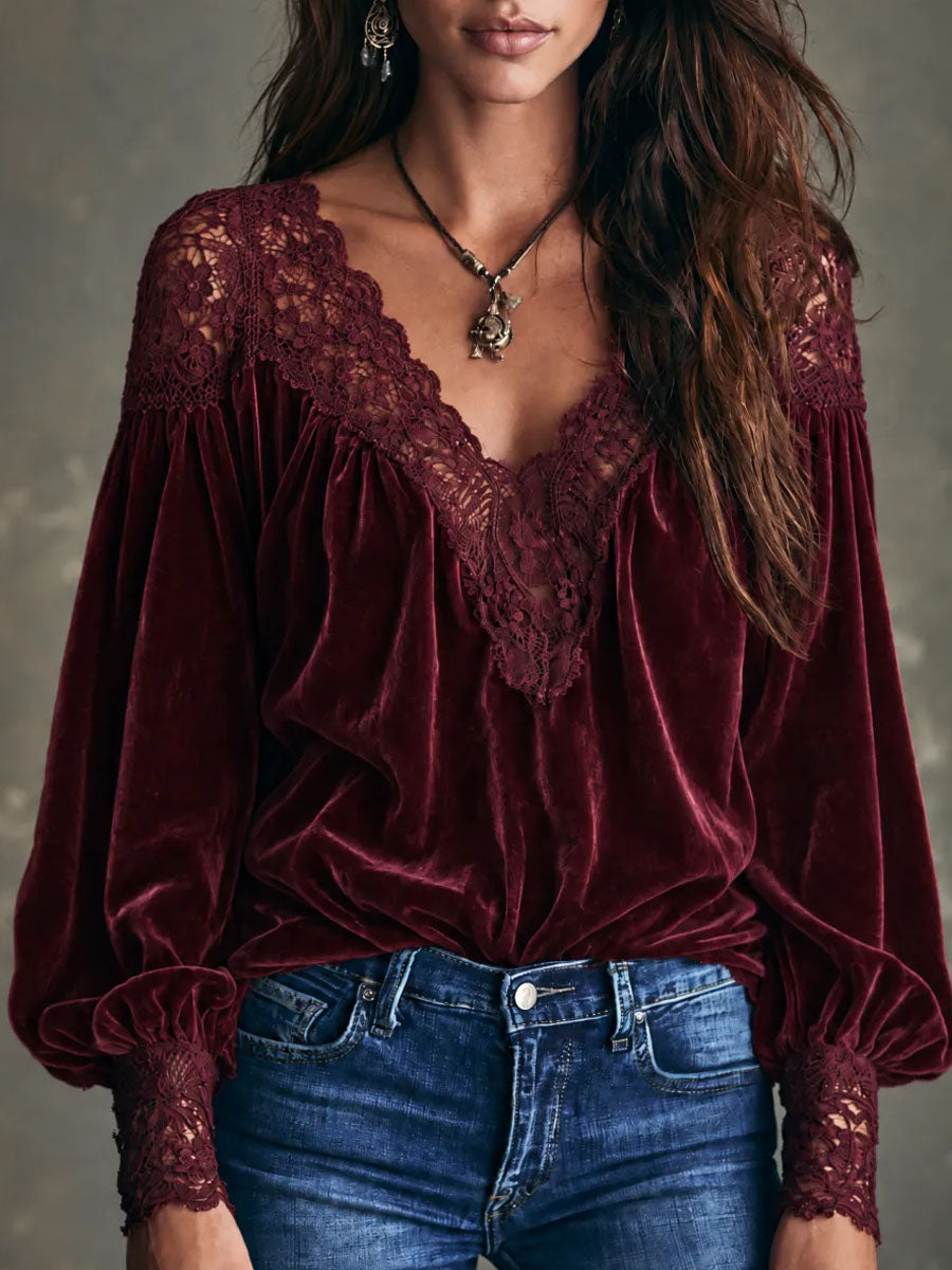 Burgundy Lace-Trimmed Blouse with Deep V Neck