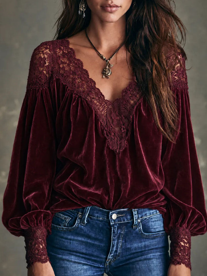 Burgundy Lace-Trimmed Blouse with Deep V Neck