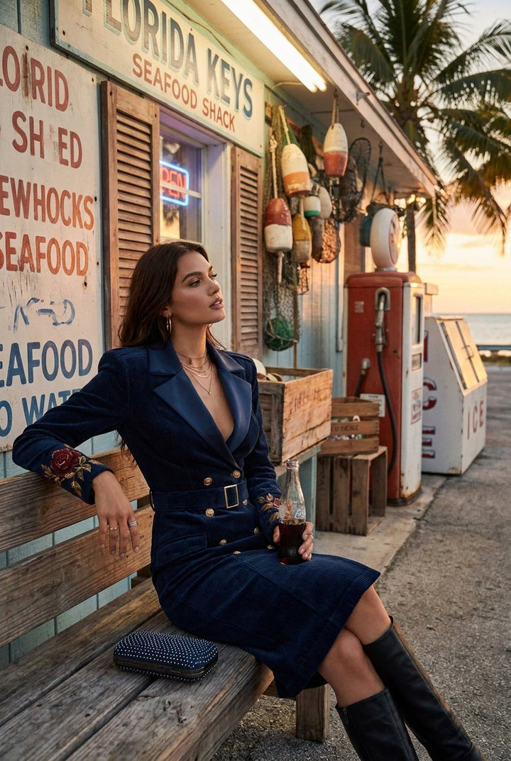 Embroidered Sleeve Double-Breasted Cordura Blazer Dress with Belt