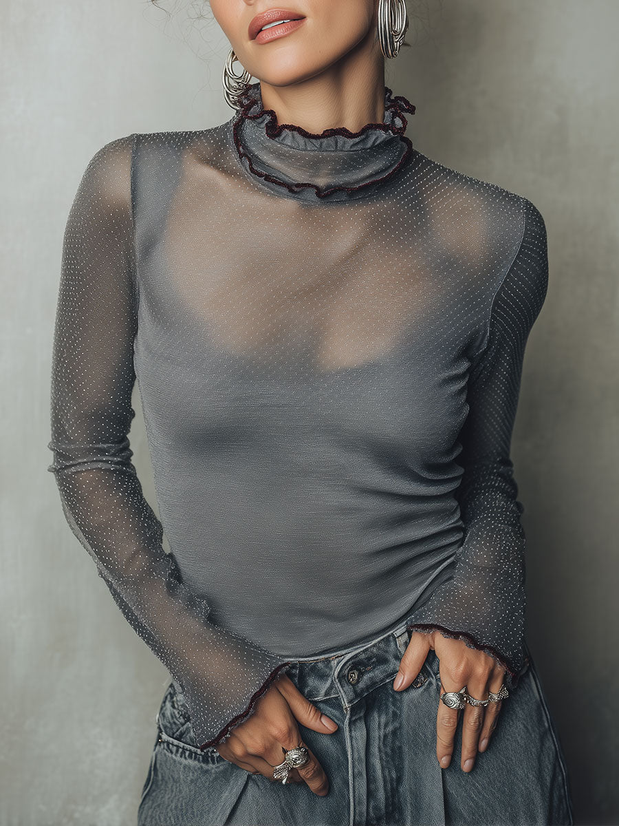 Chic Polka Dot Mesh Top with Ruffle Accents
