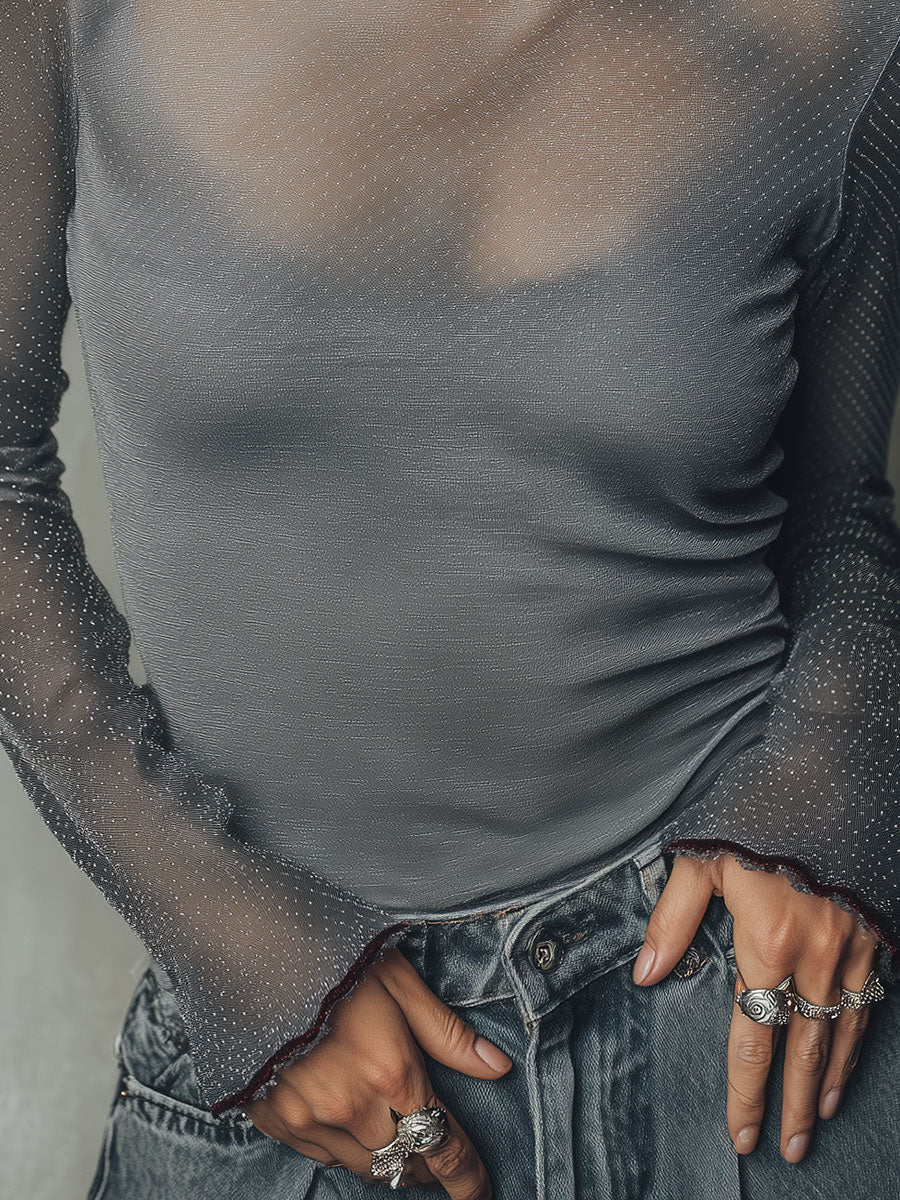 Chic Polka Dot Mesh Top with Ruffle Accents