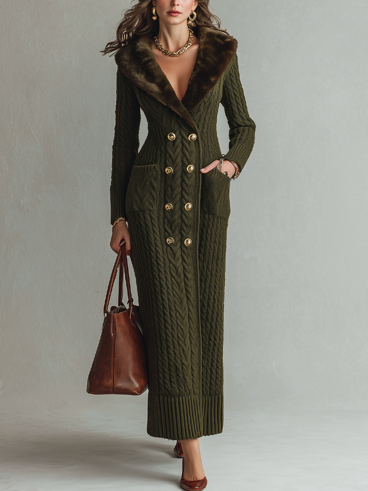 Olive Green Retro Long Dress with Knit Details and Faux Fur Accents