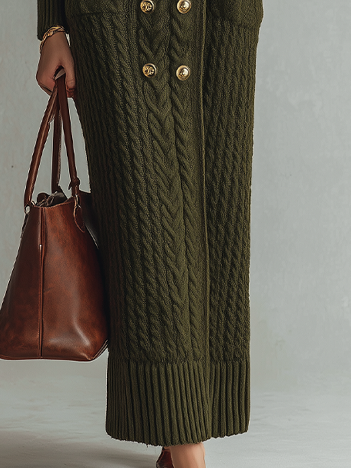 Olive Green Retro Long Dress with Knit Details and Faux Fur Accents
