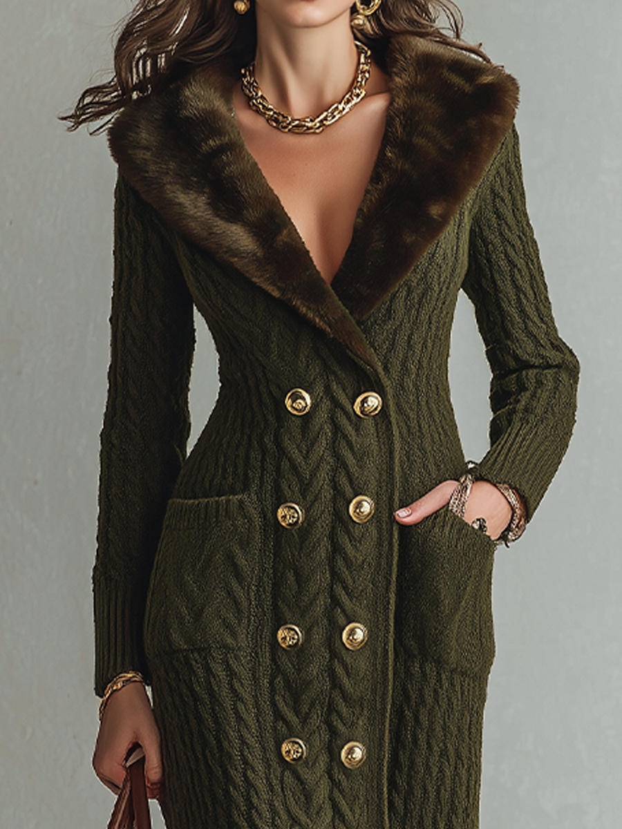 Olive Green Retro Long Dress with Knit Details and Faux Fur Accents