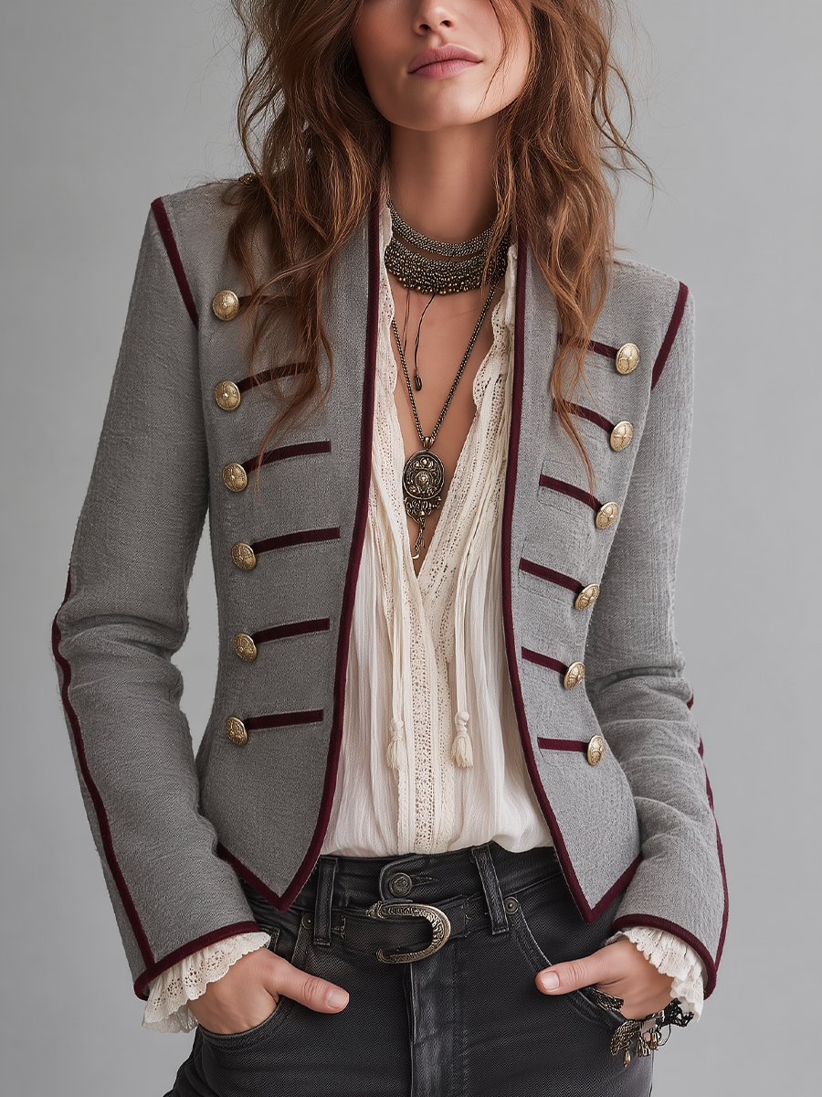 Retro Grey Military Jacket with Bold Accents