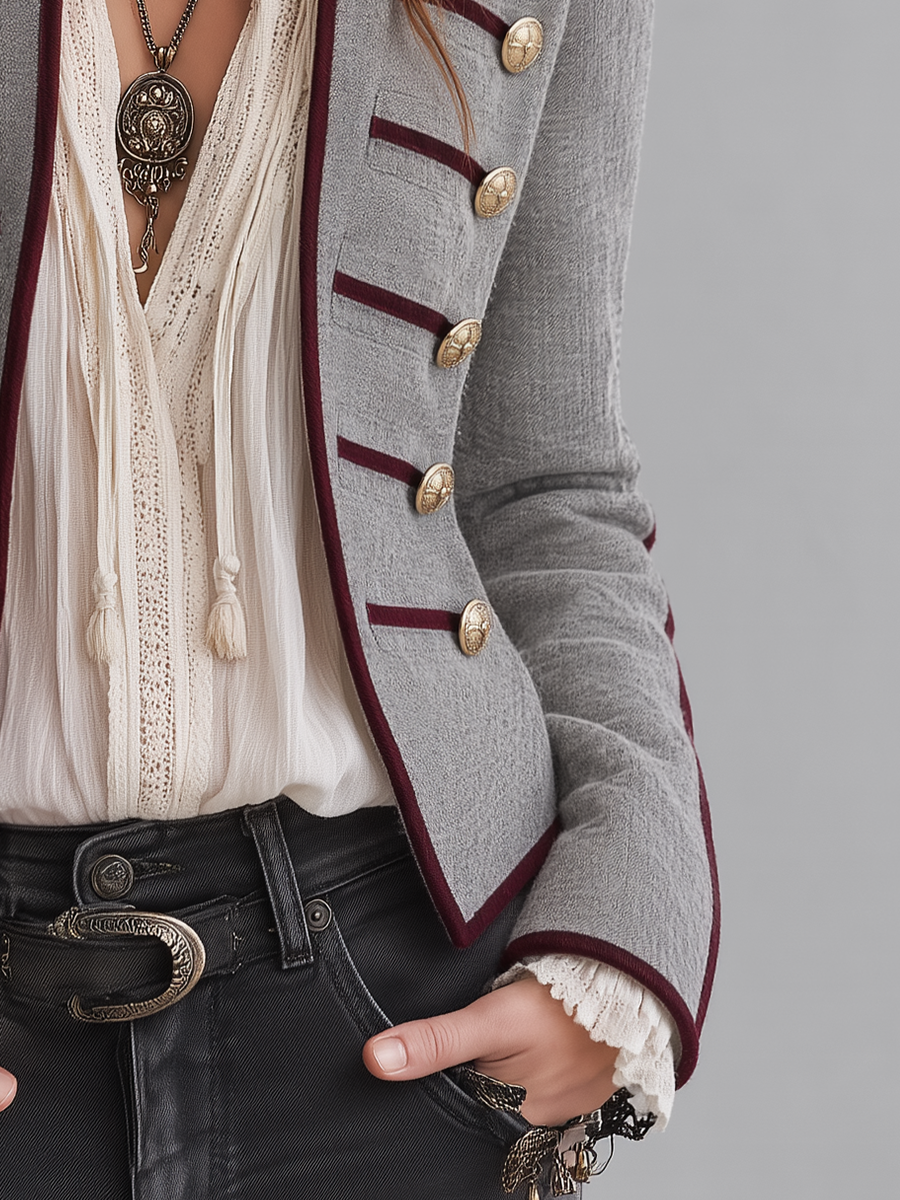 Retro Grey Military Jacket with Bold Accents