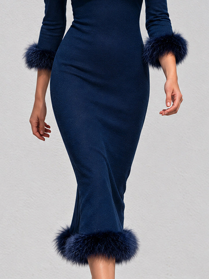 Vintage-Inspired Bohemian Midi Dress with Fur Trim in Midnight Blue