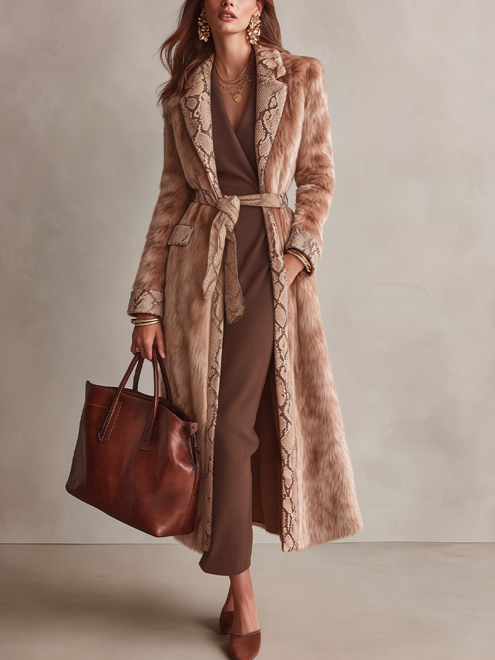 Chic Beige Faux Fur Coat with Leather Snake Print Accents
