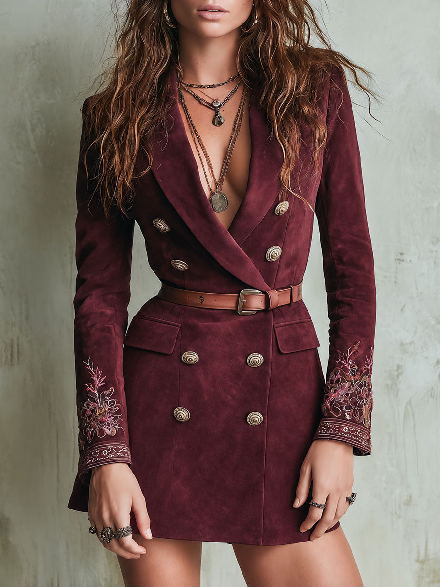 Burgundy Suede Blazer Dress with Double-Breasted Design and Embroidered Sleeves