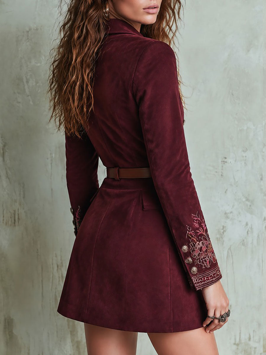 Burgundy Suede Blazer Dress with Double-Breasted Design and Embroidered Sleeves