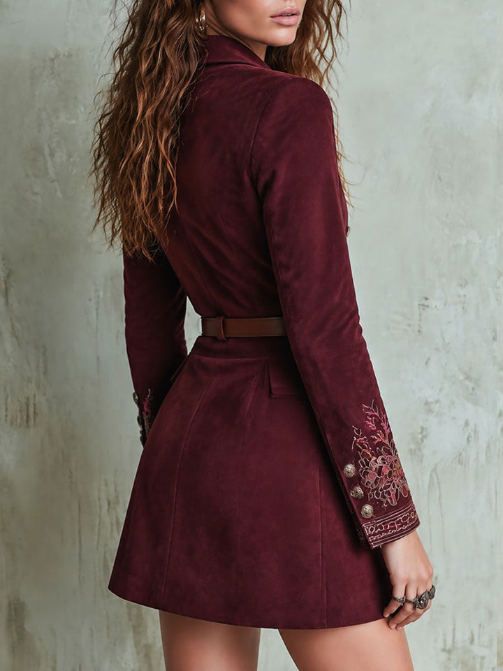 Burgundy Suede Blazer Dress with Double-Breasted Design and Embroidered Sleeves