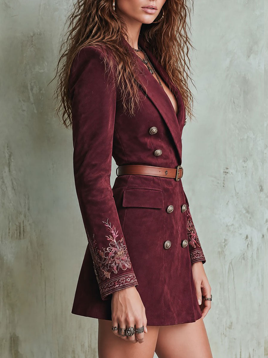 Burgundy Suede Blazer Dress with Double-Breasted Design and Embroidered Sleeves