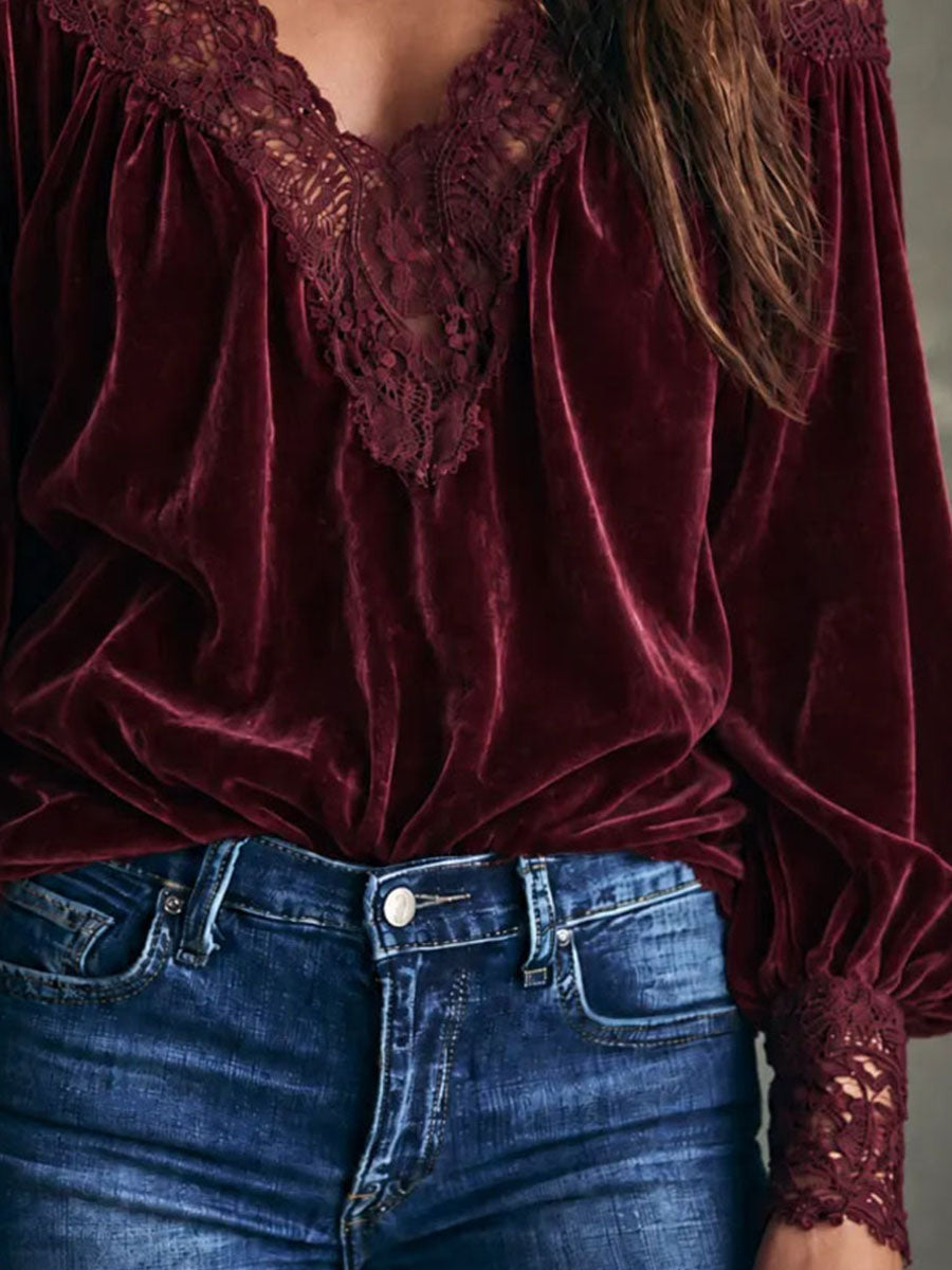 Burgundy Lace-Trimmed Blouse with Deep V Neck