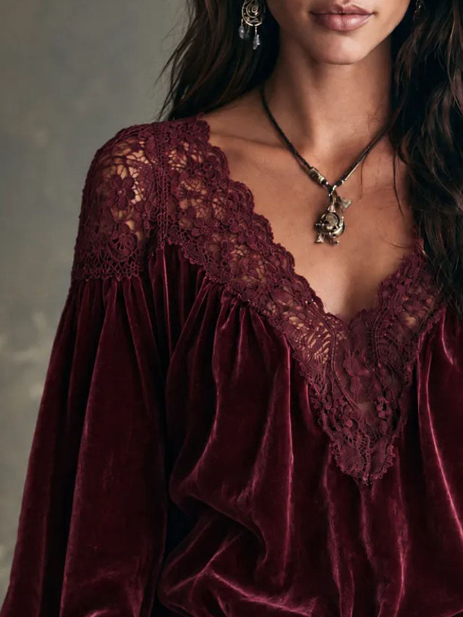 Burgundy Lace-Trimmed Blouse with Deep V Neck