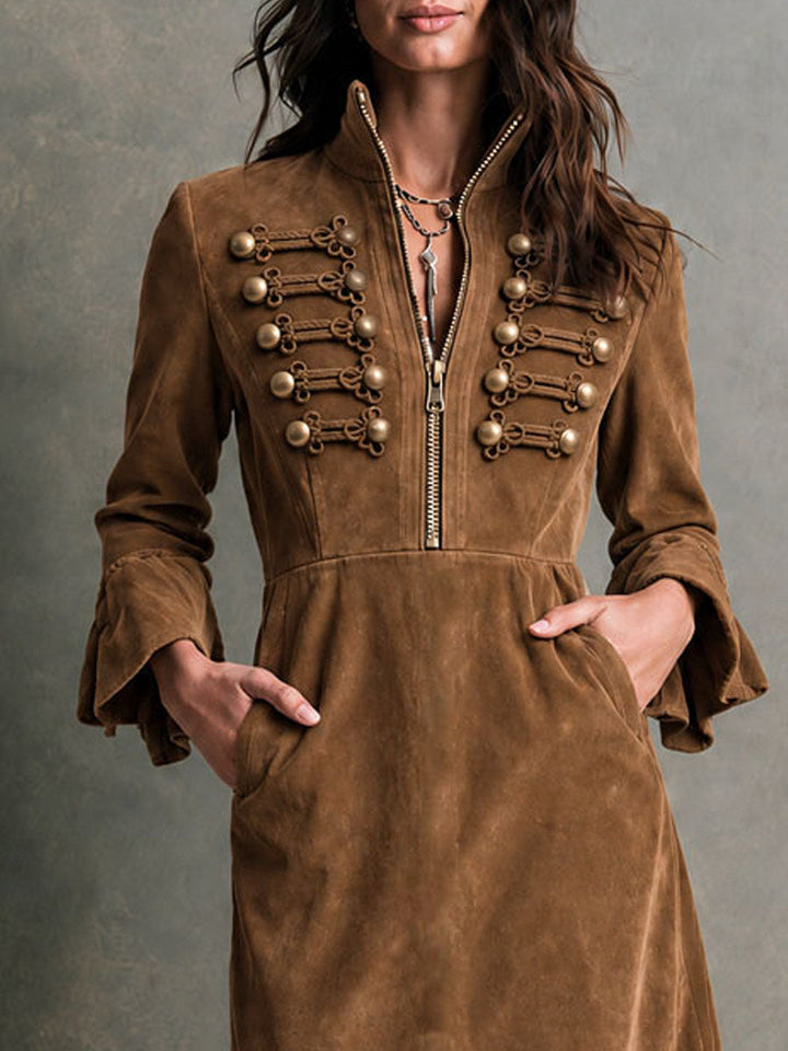 Suede Military-Style Midi Dress for Women with Gold Buttons and Decorative Stitching