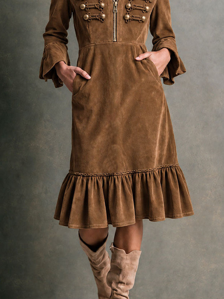 Suede Military-Style Midi Dress for Women with Gold Buttons and Decorative Stitching