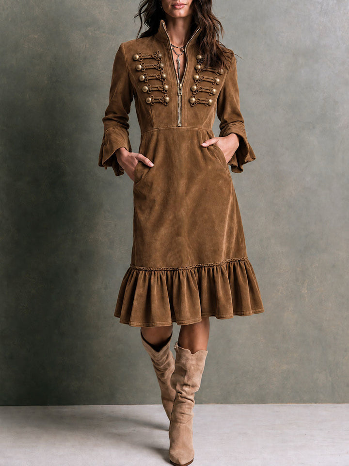 Suede Military-Style Midi Dress for Women with Gold Buttons and Decorative Stitching