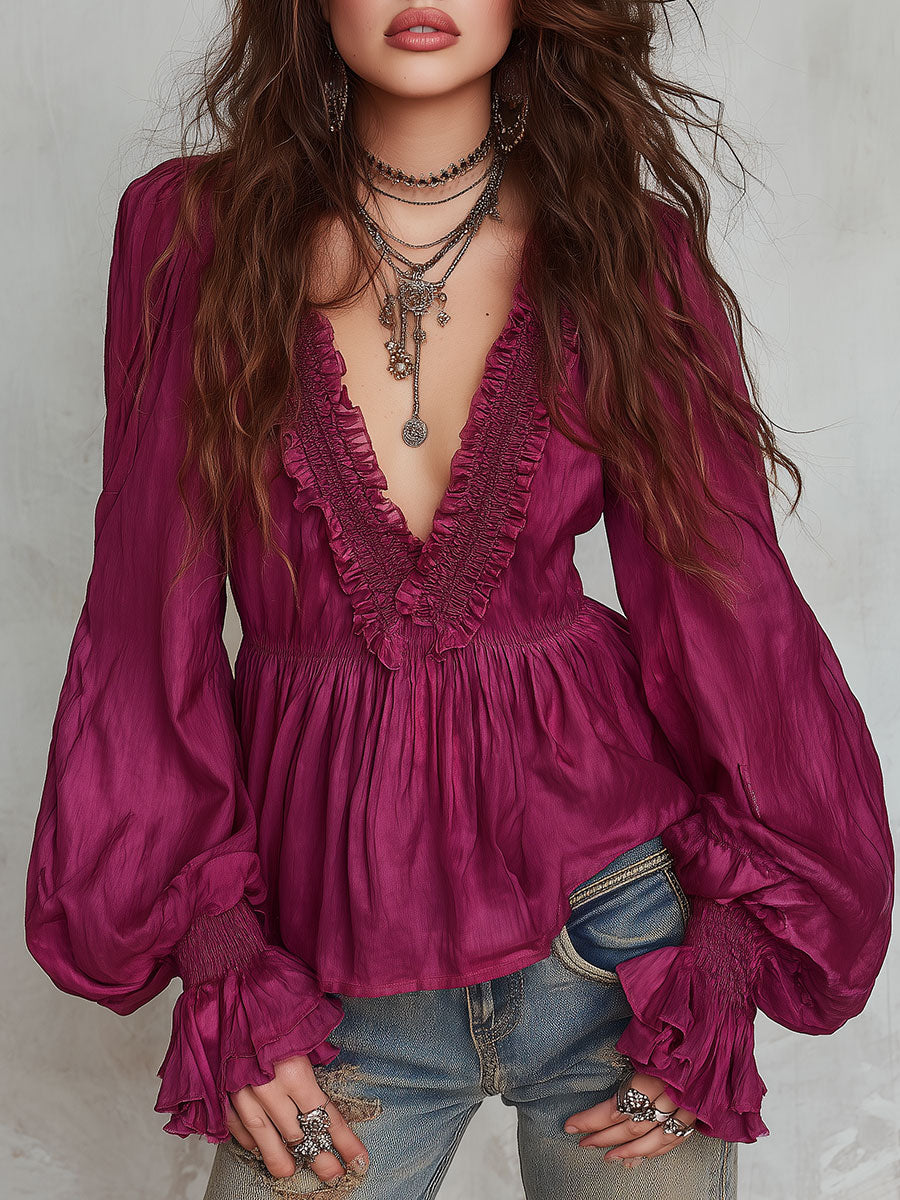 Striped Tencel V-Neck Blouse with Puff Sleeves in Boho Style
