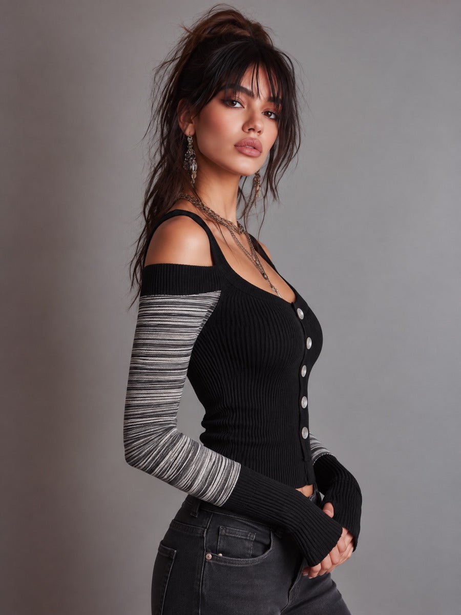 Off-Shoulder Ribbed Top Featuring Bold Stripes