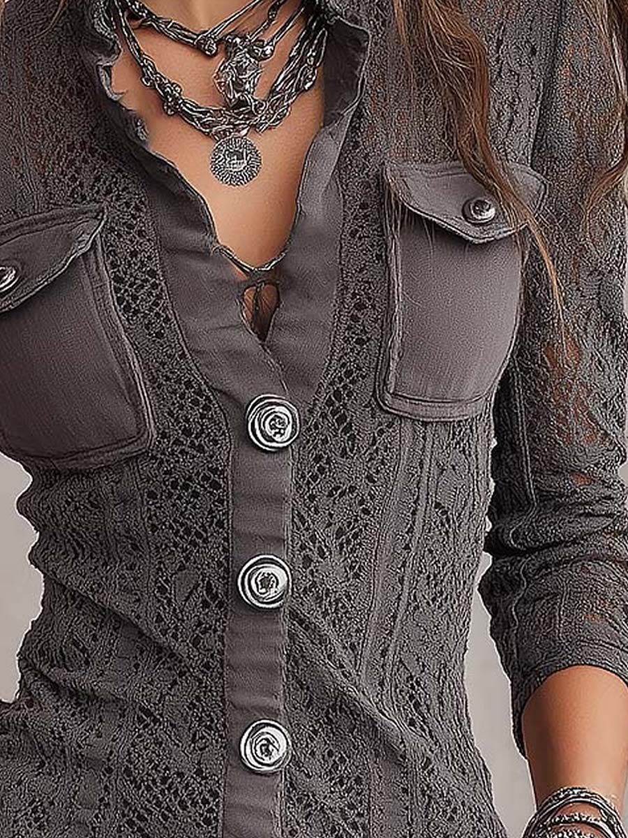 Vintage-Inspired Boho Lace-Trim Button-Up Shirt