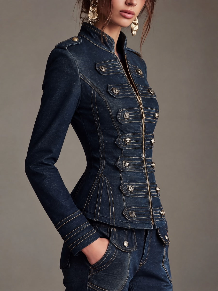 Women's Military-Inspired Denim Jacket with Gold Accents and Buttons