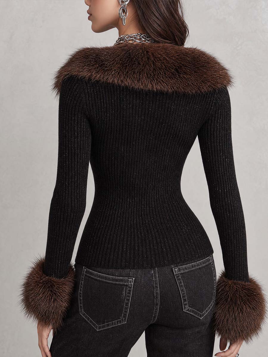 Shimmering Cardigan with Faux Fur Collar and Cuffs