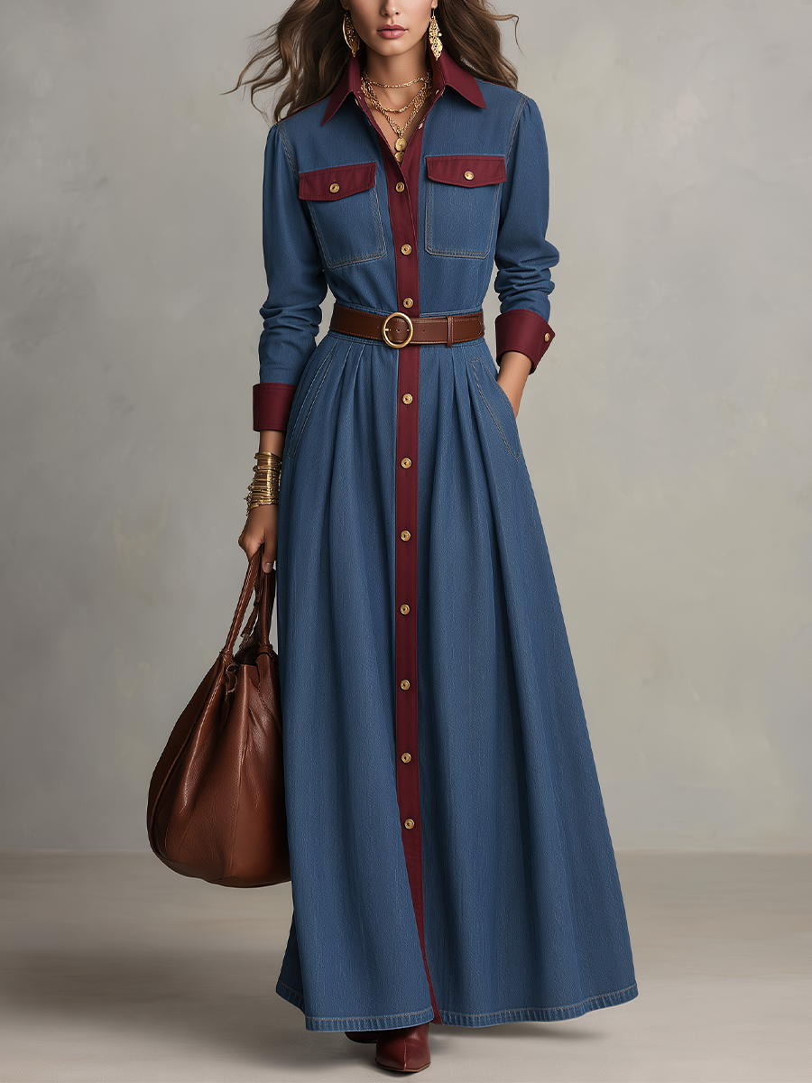 Retro Blue Maxi Dress Featuring Contrast Accents and Denim Belt